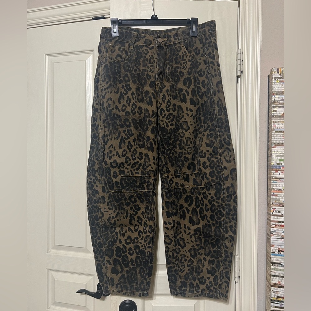 Leopard Print Barrel Pants - Olive & Black Large